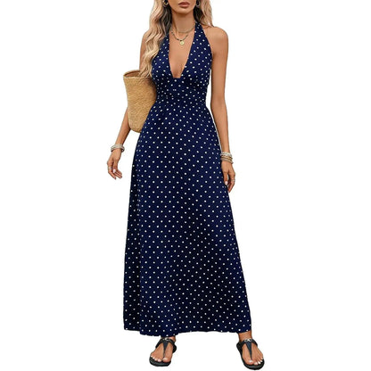 Brown Polka Dot Halter Maxi Dress for Women, Sleeveless Backless Deep V Neck A-Line Sundress, Elegant Boho Summer Dress, Vacation Dresses and Wedding Guest Dresses for Beach, Resort, Cruise and Holiday