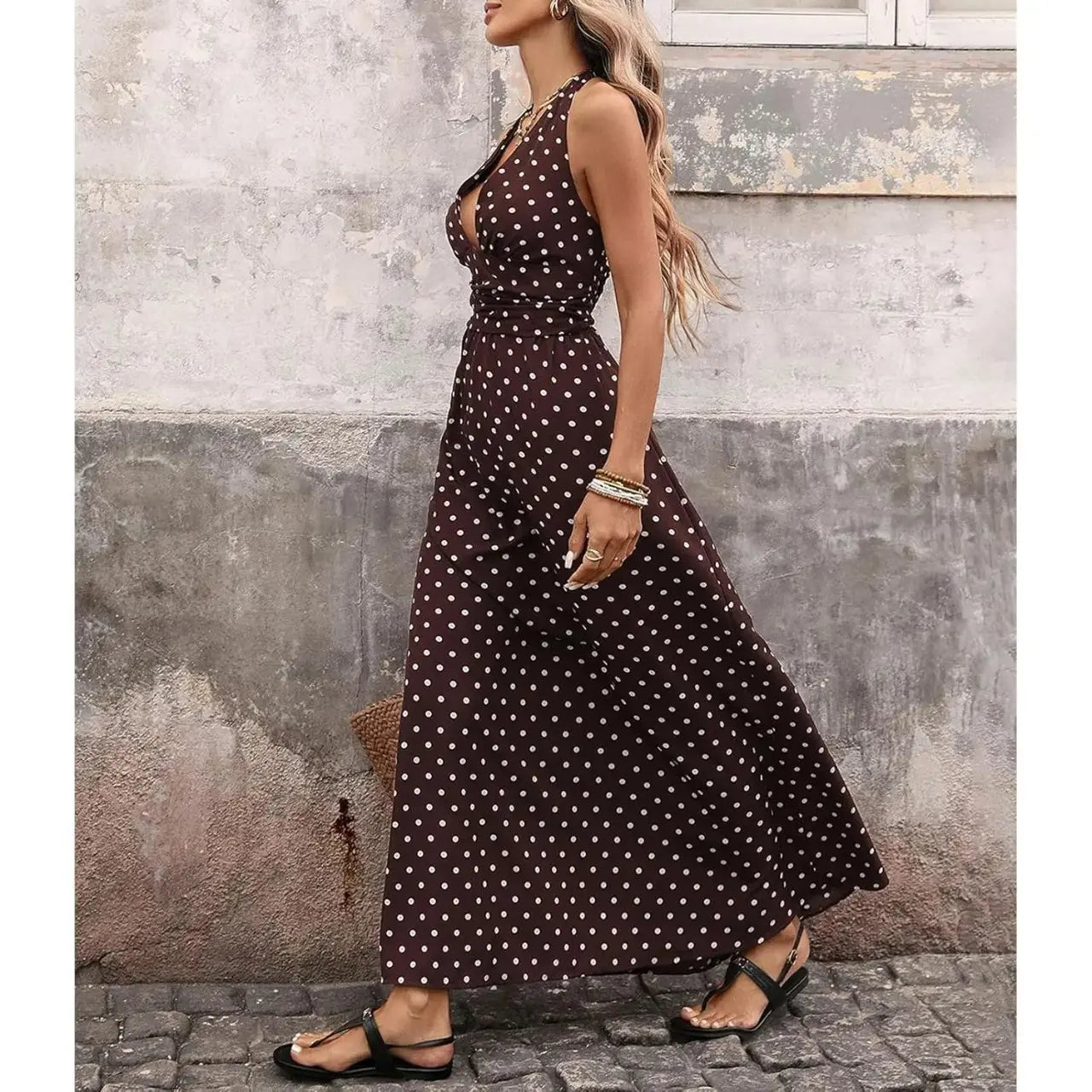 Brown Polka Dot Halter Maxi Dress for Women, Sleeveless Backless Deep V Neck A-Line Sundress, Elegant Boho Summer Dress, Vacation Dresses and Wedding Guest Dresses for Beach, Resort, Cruise and Holiday