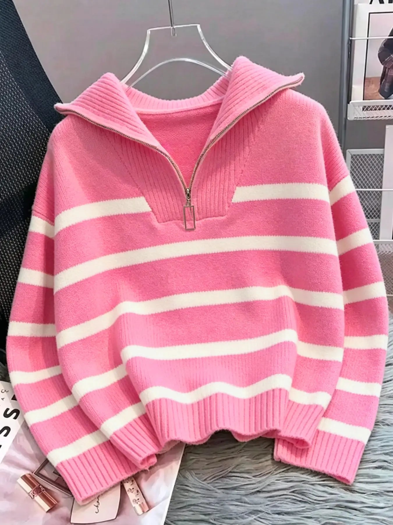 Women'S Fashion Striped Print Zipper Drop Shoulder Sweater, Casual Long Sleeve Collared Jumper for Daily Outdoor Wear, Women Knitwear Top for Fall & Winter, National Day Clothing