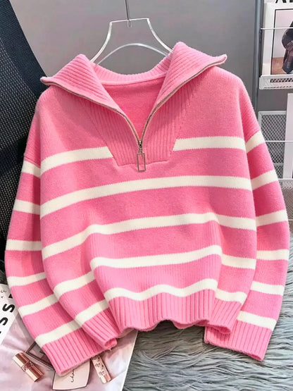 Women'S Fashion Striped Print Zipper Drop Shoulder Sweater, Casual Long Sleeve Collared Jumper for Daily Outdoor Wear, Women Knitwear Top for Fall & Winter, National Day Clothing