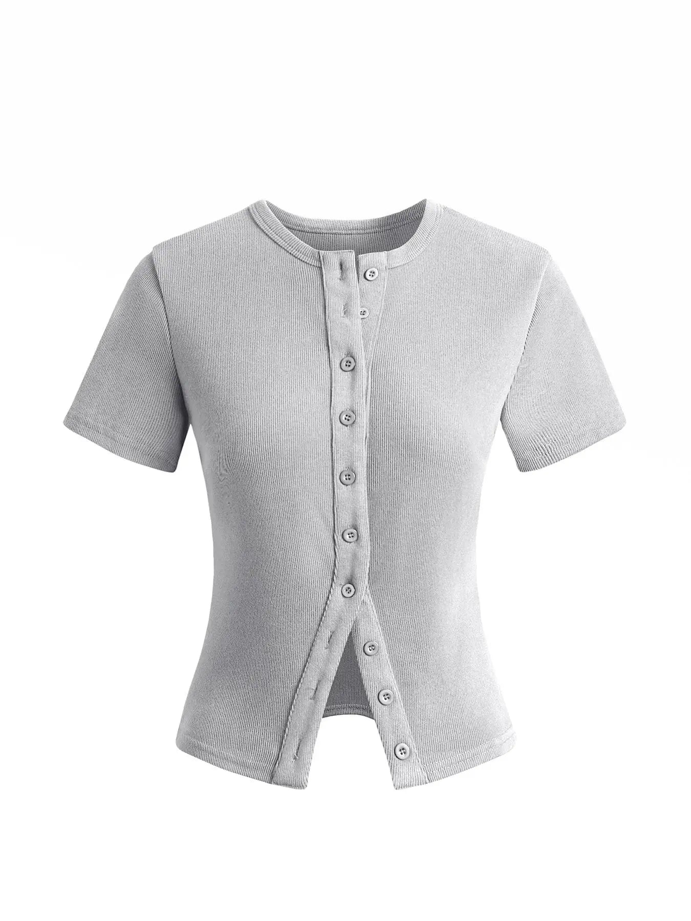 Women'S Short Sleeve round Neck Button Front Ribbed Tee, Button Closure Top, Casual Basic Minimalist Fitted Top for Daily Wear, Ladies Clothes for All Seasons, Womenswear