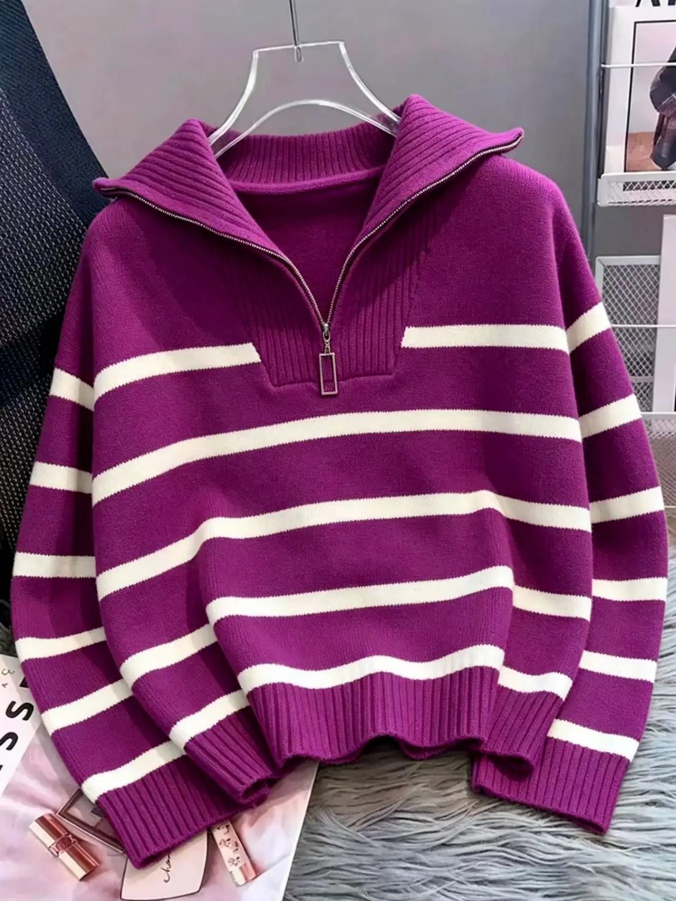 Women'S Fashion Striped Print Zipper Drop Shoulder Sweater, Casual Long Sleeve Collared Jumper for Daily Outdoor Wear, Women Knitwear Top for Fall & Winter, National Day Clothing