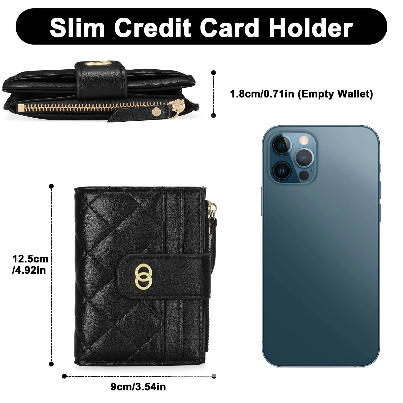 VTLASK Women's Slim Diamond-Quilted Leather Bifold Wallet - Credit Card Holder with ID Window and Zipper Coin Pocket