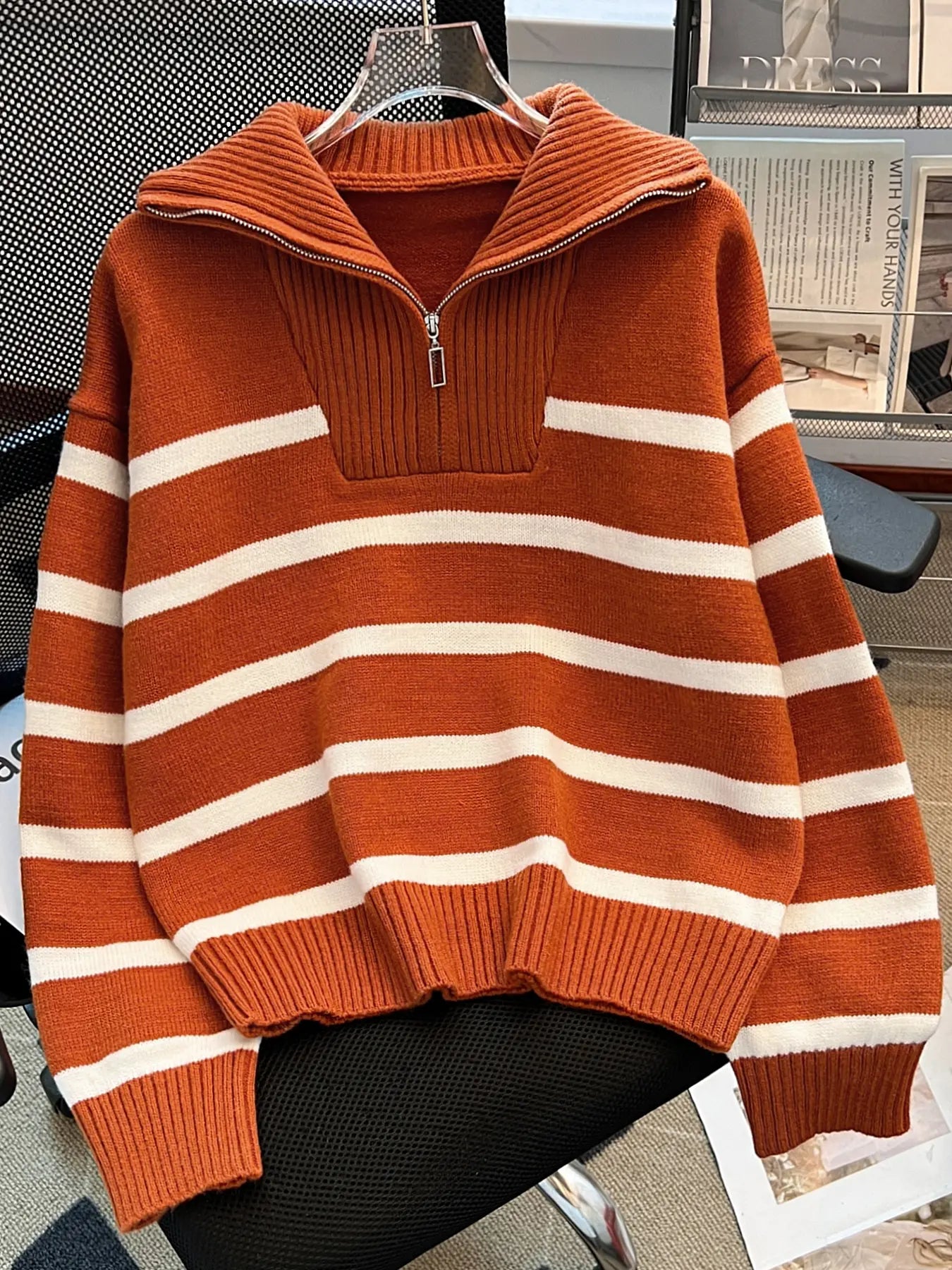 Women'S Fashion Striped Print Zipper Drop Shoulder Sweater, Casual Long Sleeve Collared Jumper for Daily Outdoor Wear, Women Knitwear Top for Fall & Winter, National Day Clothing