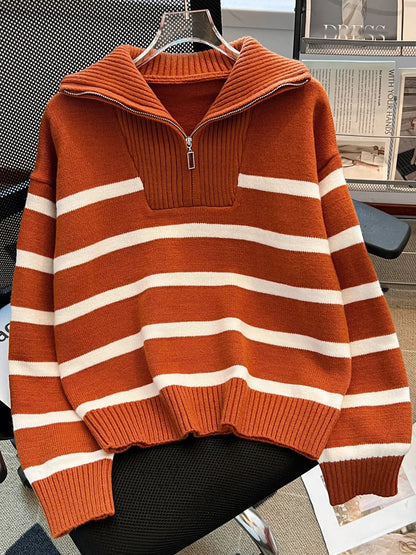 Women'S Fashion Striped Print Zipper Drop Shoulder Sweater, Casual Long Sleeve Collared Jumper for Daily Outdoor Wear, Women Knitwear Top for Fall & Winter, National Day Clothing
