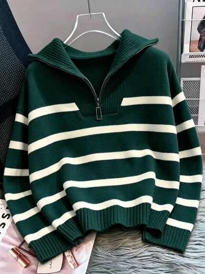 Women'S Fashion Striped Print Zipper Drop Shoulder Sweater, Casual Long Sleeve Collared Jumper for Daily Outdoor Wear, Women Knitwear Top for Fall & Winter, National Day Clothing