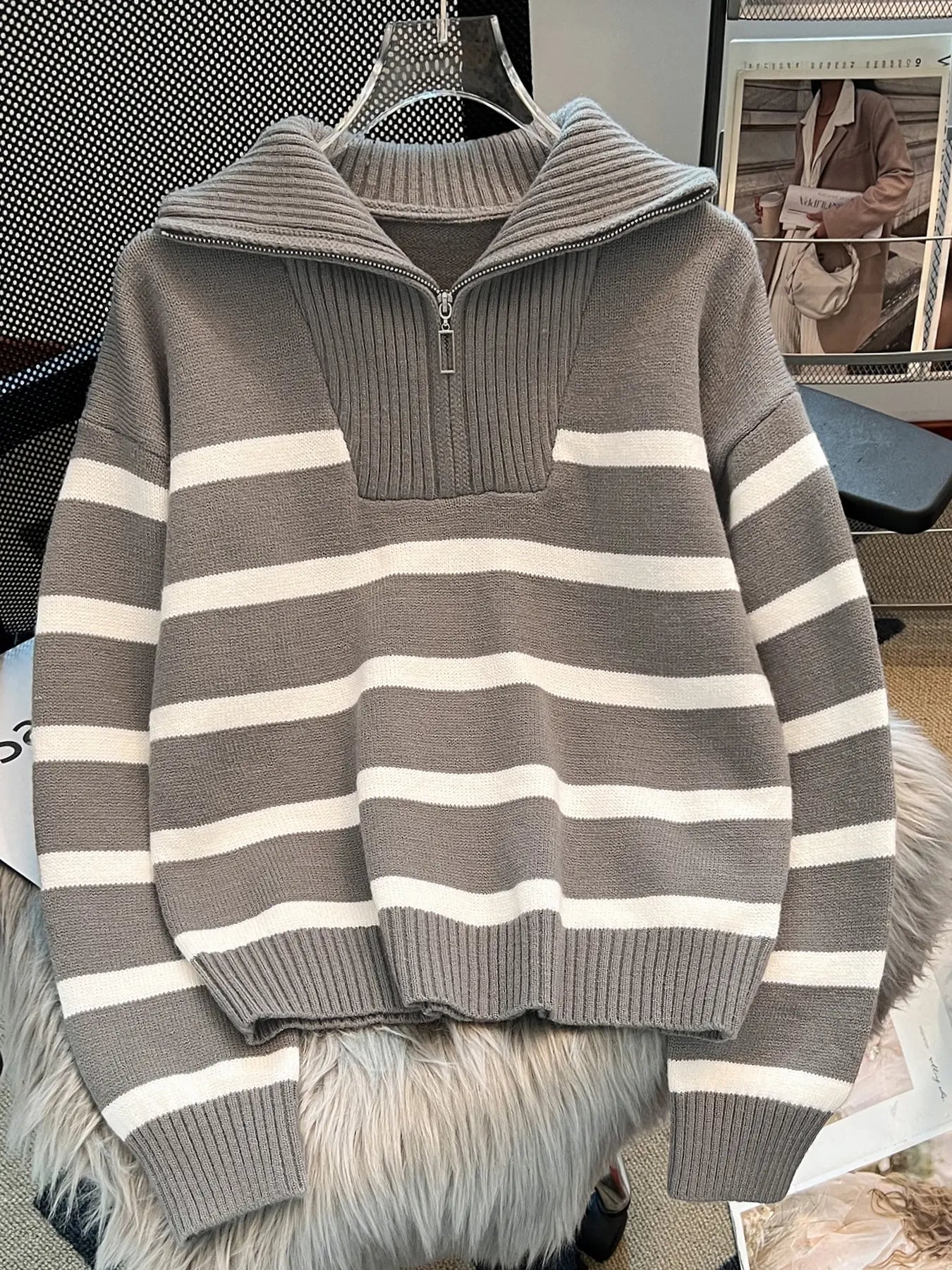 Women'S Fashion Striped Print Zipper Drop Shoulder Sweater, Casual Long Sleeve Collared Jumper for Daily Outdoor Wear, Women Knitwear Top for Fall & Winter, National Day Clothing