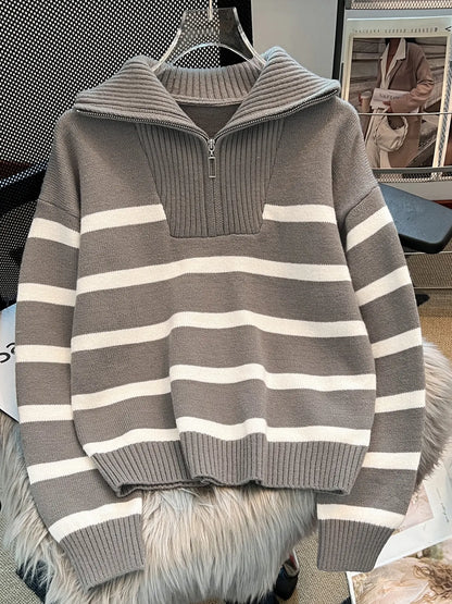 Women'S Fashion Striped Print Zipper Drop Shoulder Sweater, Casual Long Sleeve Collared Jumper for Daily Outdoor Wear, Women Knitwear Top for Fall & Winter, National Day Clothing