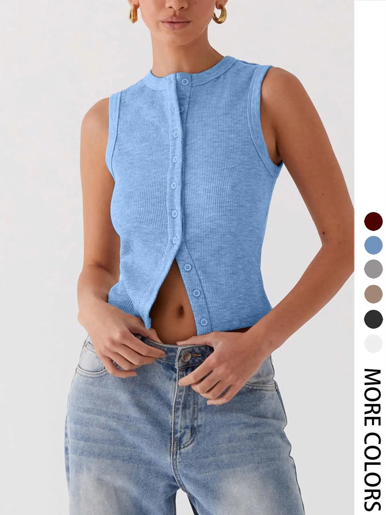 Women'S Plain Button Front Ribbed Tank Top, Casual Sleeveless round Neck Top for Daily Wear, Ladies Clothes for All Seasons