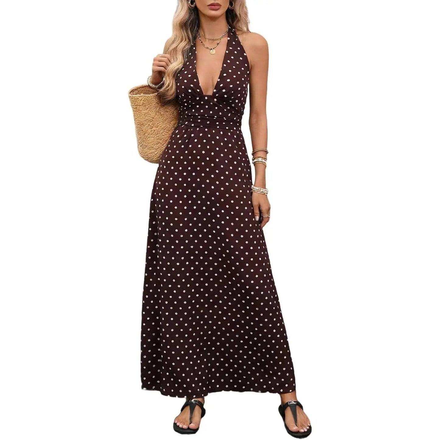 Brown Polka Dot Halter Maxi Dress for Women, Sleeveless Backless Deep V Neck A-Line Sundress, Elegant Boho Summer Dress, Vacation Dresses and Wedding Guest Dresses for Beach, Resort, Cruise and Holiday