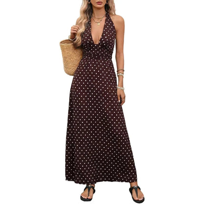 Brown Polka Dot Halter Maxi Dress for Women, Sleeveless Backless Deep V Neck A-Line Sundress, Elegant Boho Summer Dress, Vacation Dresses and Wedding Guest Dresses for Beach, Resort, Cruise and Holiday