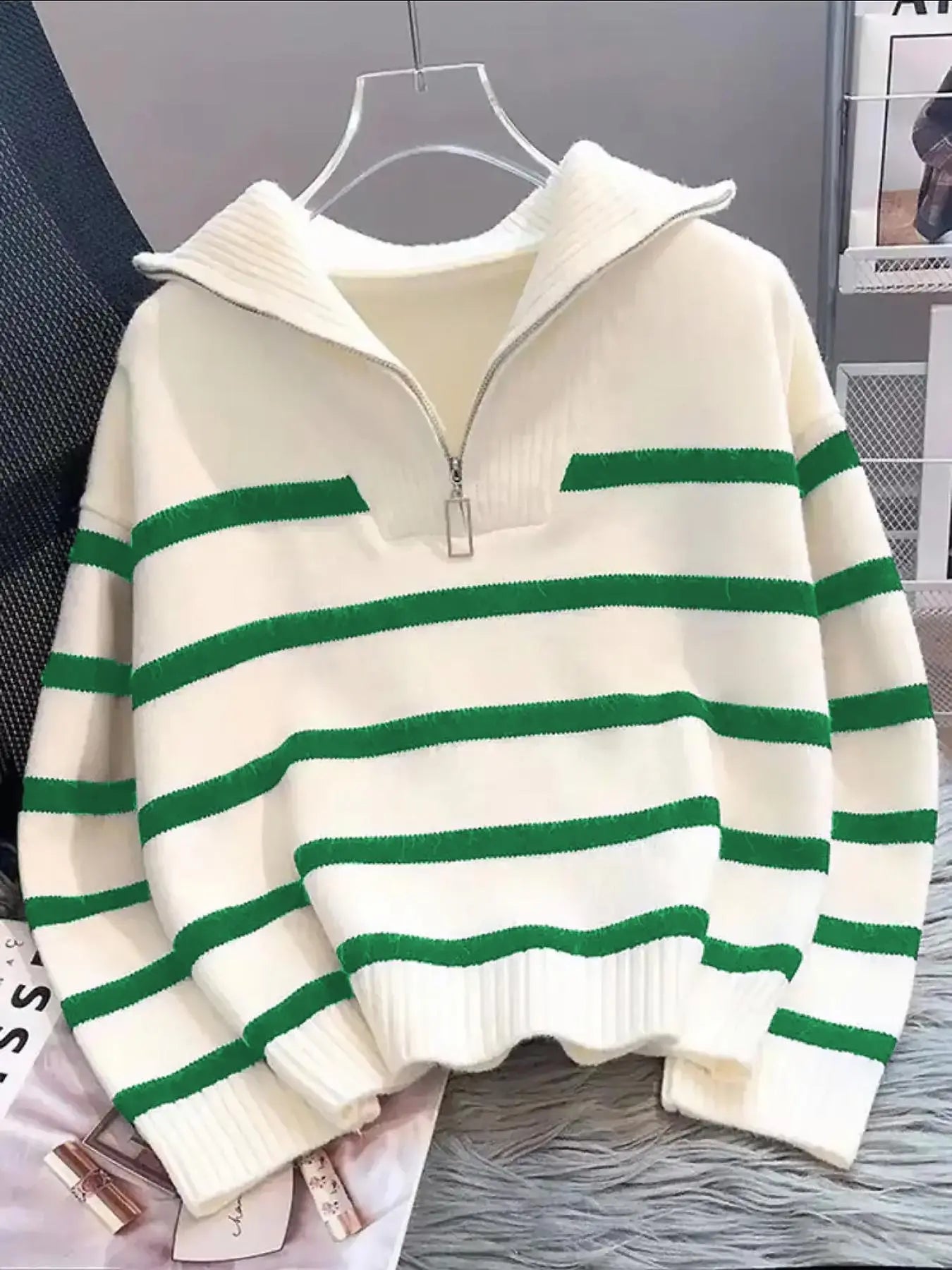 Women'S Fashion Striped Print Zipper Drop Shoulder Sweater, Casual Long Sleeve Collared Jumper for Daily Outdoor Wear, Women Knitwear Top for Fall & Winter, National Day Clothing