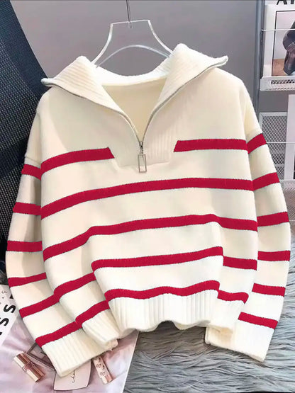 Women'S Fashion Striped Print Zipper Drop Shoulder Sweater, Casual Long Sleeve Collared Jumper for Daily Outdoor Wear, Women Knitwear Top for Fall & Winter, National Day Clothing