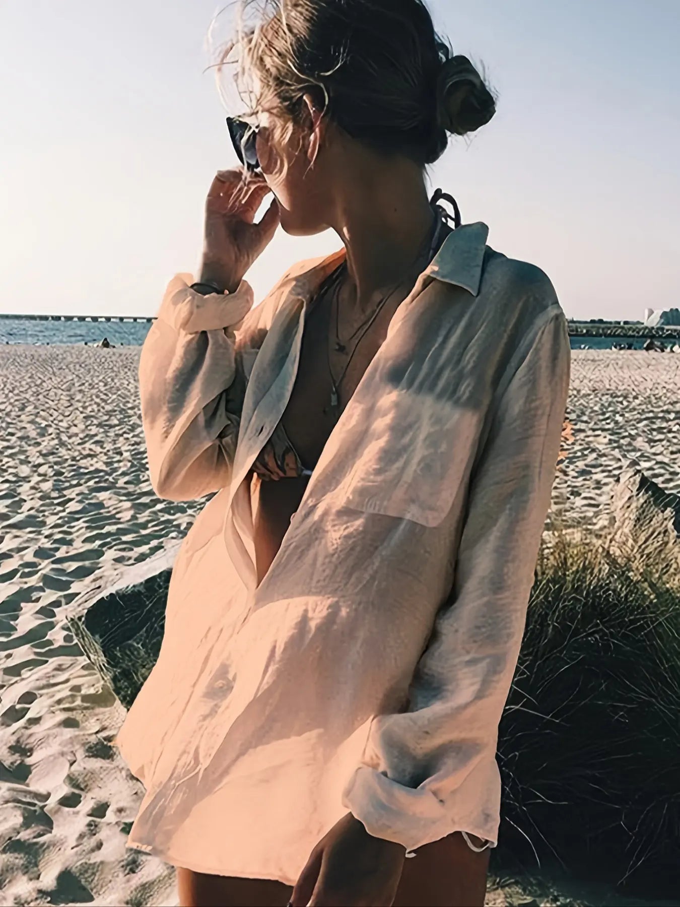 Women'S Semi-Sheer Button Front Cover Up, Casual Style Long Sleeve Pocket Shirt Collar Blouse Top for Beach Holiday Vacation, Women'S Clothes for Spring, Womenswear, Fit
