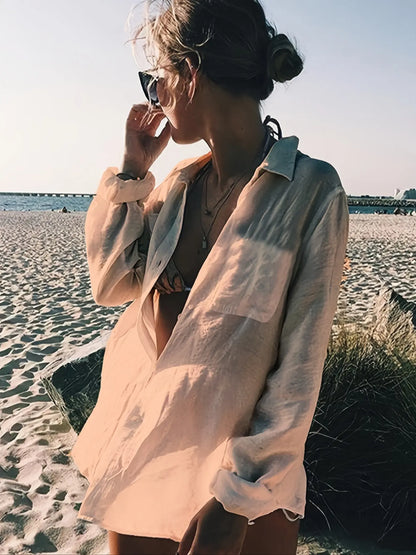 Women'S Semi-Sheer Button Front Cover Up, Casual Style Long Sleeve Pocket Shirt Collar Blouse Top for Beach Holiday Vacation, Women'S Clothes for Spring, Womenswear, Fit