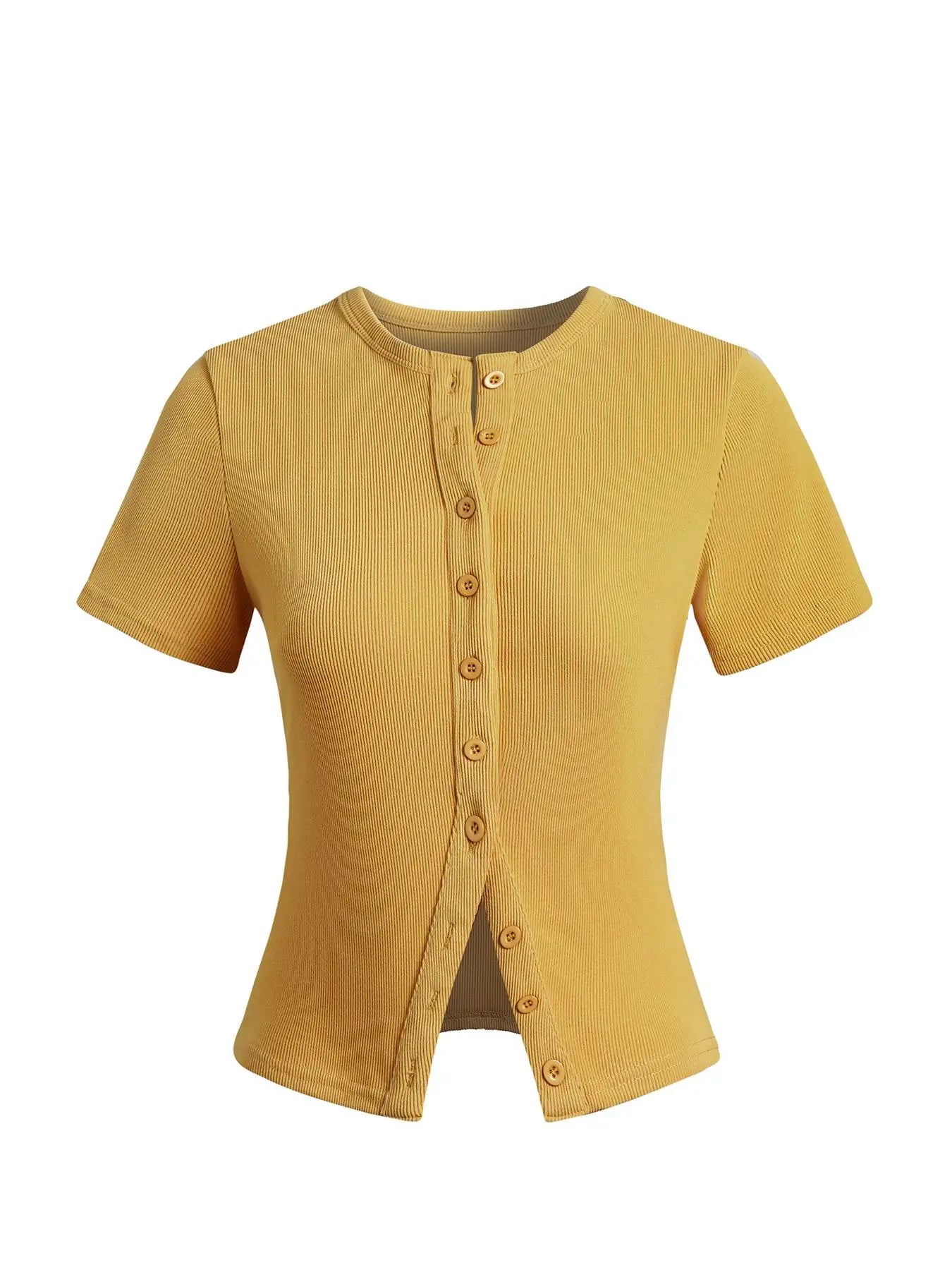 Women'S Short Sleeve round Neck Button Front Ribbed Tee, Button Closure Top, Casual Basic Minimalist Fitted Top for Daily Wear, Ladies Clothes for All Seasons, Womenswear