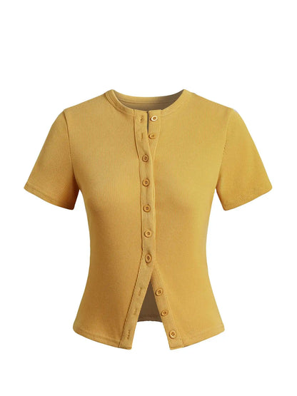 Women'S Short Sleeve round Neck Button Front Ribbed Tee, Button Closure Top, Casual Basic Minimalist Fitted Top for Daily Wear, Ladies Clothes for All Seasons, Womenswear