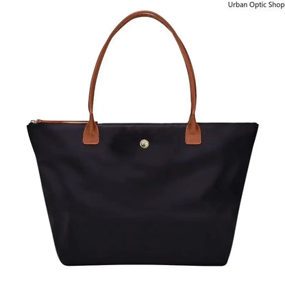 Women's Large Capacity Nylon Oxford Tote Bag with Contrast Leather Handles for Commuting and Daily Travel