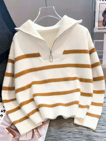 Women'S Fashion Striped Print Zipper Drop Shoulder Sweater, Casual Long Sleeve Collared Jumper for Daily Outdoor Wear, Women Knitwear Top for Fall & Winter, National Day Clothing