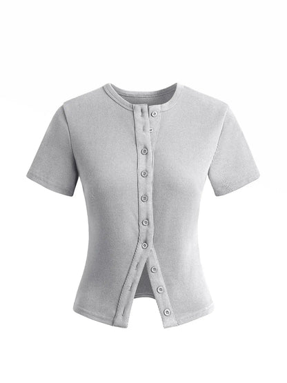 Women'S Short Sleeve round Neck Button Front Ribbed Tee, Button Closure Top, Casual Basic Minimalist Fitted Top for Daily Wear, Ladies Clothes for All Seasons, Womenswear