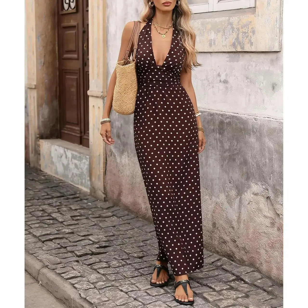Brown Polka Dot Halter Maxi Dress for Women, Sleeveless Backless Deep V Neck A-Line Sundress, Elegant Boho Summer Dress, Vacation Dresses and Wedding Guest Dresses for Beach, Resort, Cruise and Holiday