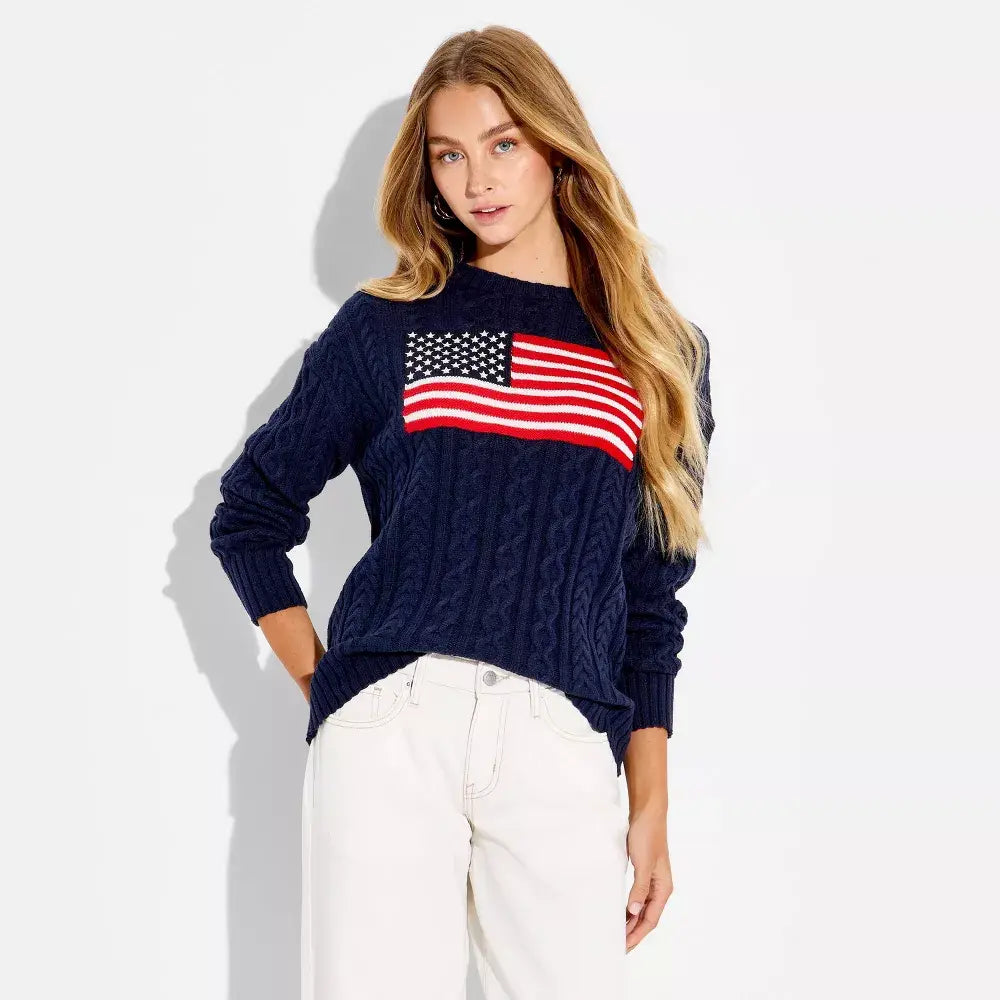 Women'S Crewneck American Flag Pullover Sweater - Wild Fable Light Flags