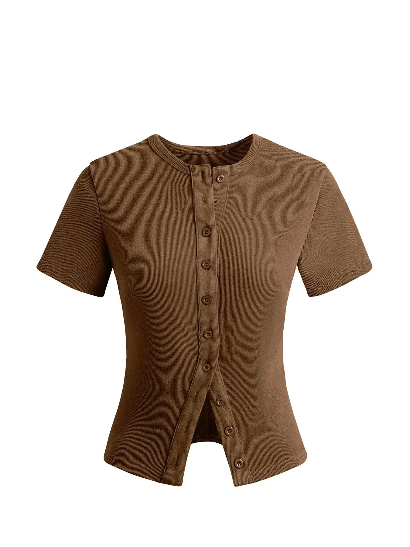 Women'S Short Sleeve round Neck Button Front Ribbed Tee, Button Closure Top, Casual Basic Minimalist Fitted Top for Daily Wear, Ladies Clothes for All Seasons, Womenswear