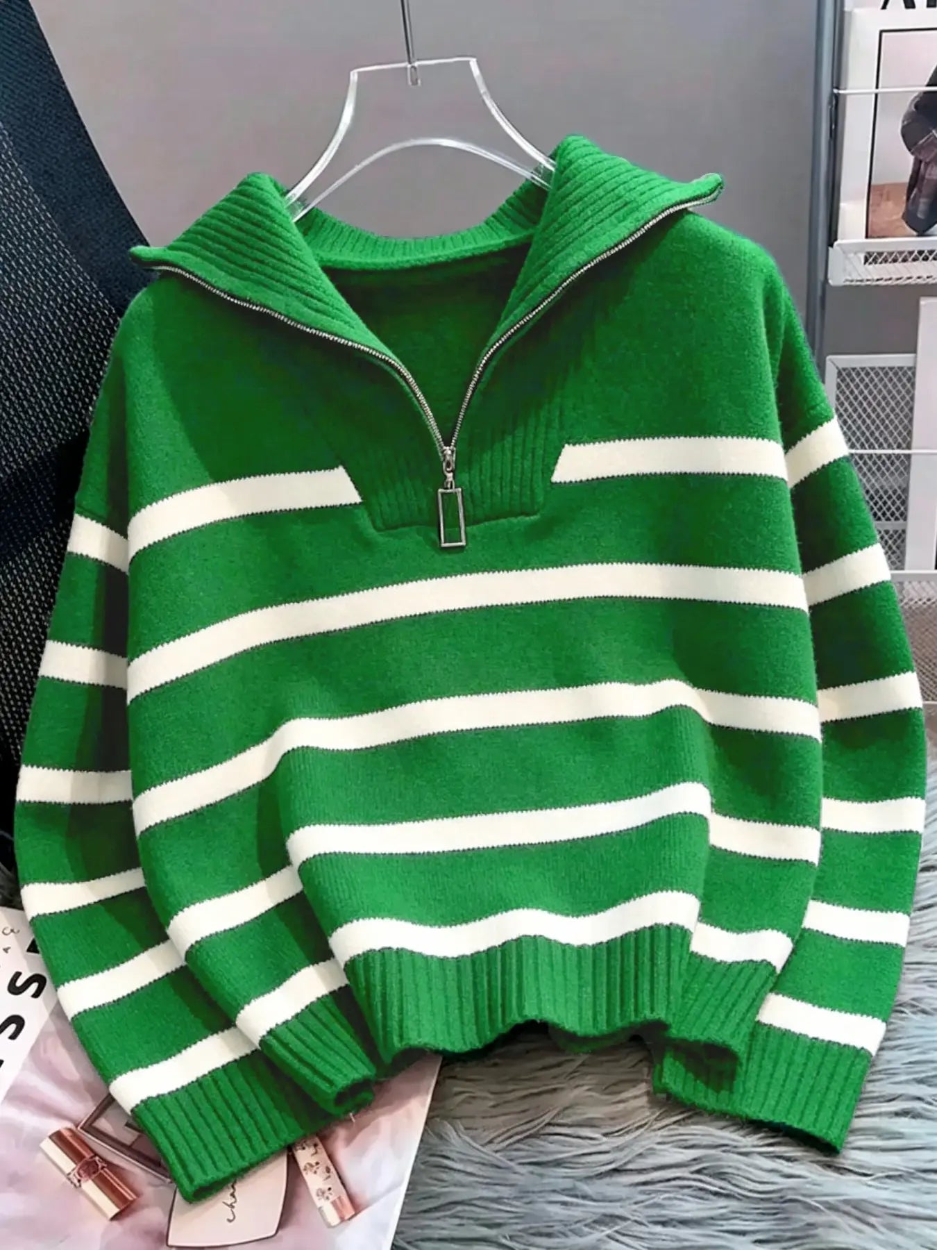 Women'S Fashion Striped Print Zipper Drop Shoulder Sweater, Casual Long Sleeve Collared Jumper for Daily Outdoor Wear, Women Knitwear Top for Fall & Winter, National Day Clothing