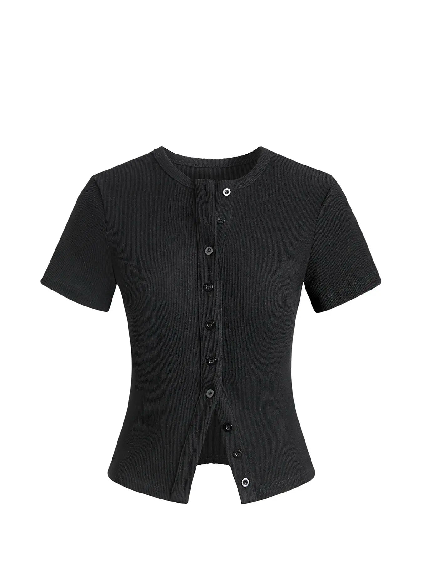 Women'S Short Sleeve round Neck Button Front Ribbed Tee, Button Closure Top, Casual Basic Minimalist Fitted Top for Daily Wear, Ladies Clothes for All Seasons, Womenswear