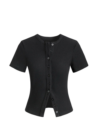 Women'S Short Sleeve round Neck Button Front Ribbed Tee, Button Closure Top, Casual Basic Minimalist Fitted Top for Daily Wear, Ladies Clothes for All Seasons, Womenswear