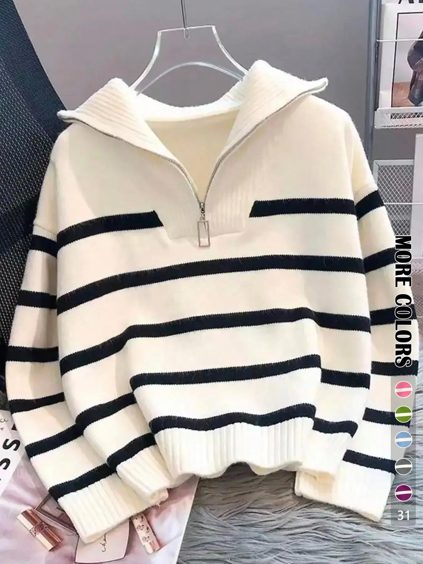 Women'S Fashion Striped Print Zipper Drop Shoulder Sweater, Casual Long Sleeve Collared Jumper for Daily Outdoor Wear, Women Knitwear Top for Fall & Winter, National Day Clothing