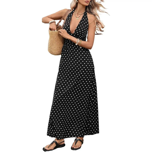 Brown Polka Dot Halter Maxi Dress for Women, Sleeveless Backless Deep V Neck A-Line Sundress, Elegant Boho Summer Dress, Vacation Dresses and Wedding Guest Dresses for Beach, Resort, Cruise and Holiday