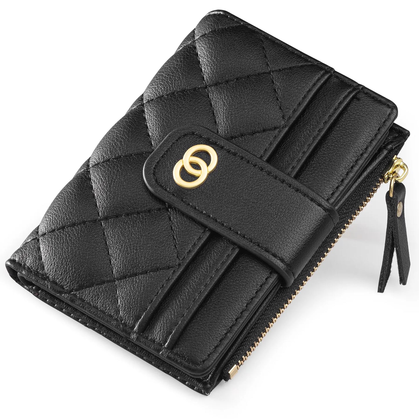 VTLASK Women's Slim Diamond-Quilted Leather Bifold Wallet - Credit Card Holder with ID Window and Zipper Coin Pocket
