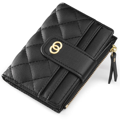 VTLASK Women's Slim Diamond-Quilted Leather Bifold Wallet - Credit Card Holder with ID Window and Zipper Coin Pocket