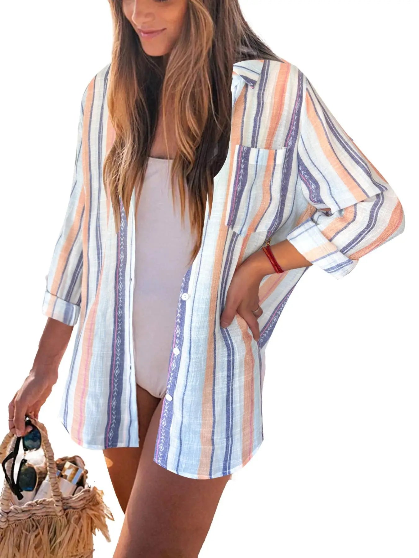 Women'S Semi-Sheer Button Front Cover Up, Casual Style Long Sleeve Pocket Shirt Collar Blouse Top for Beach Holiday Vacation, Women'S Clothes for Spring, Womenswear, Fit
