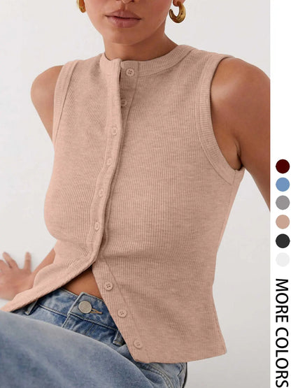 Women'S Plain Button Front Ribbed Tank Top, Casual Sleeveless round Neck Top for Daily Wear, Ladies Clothes for All Seasons