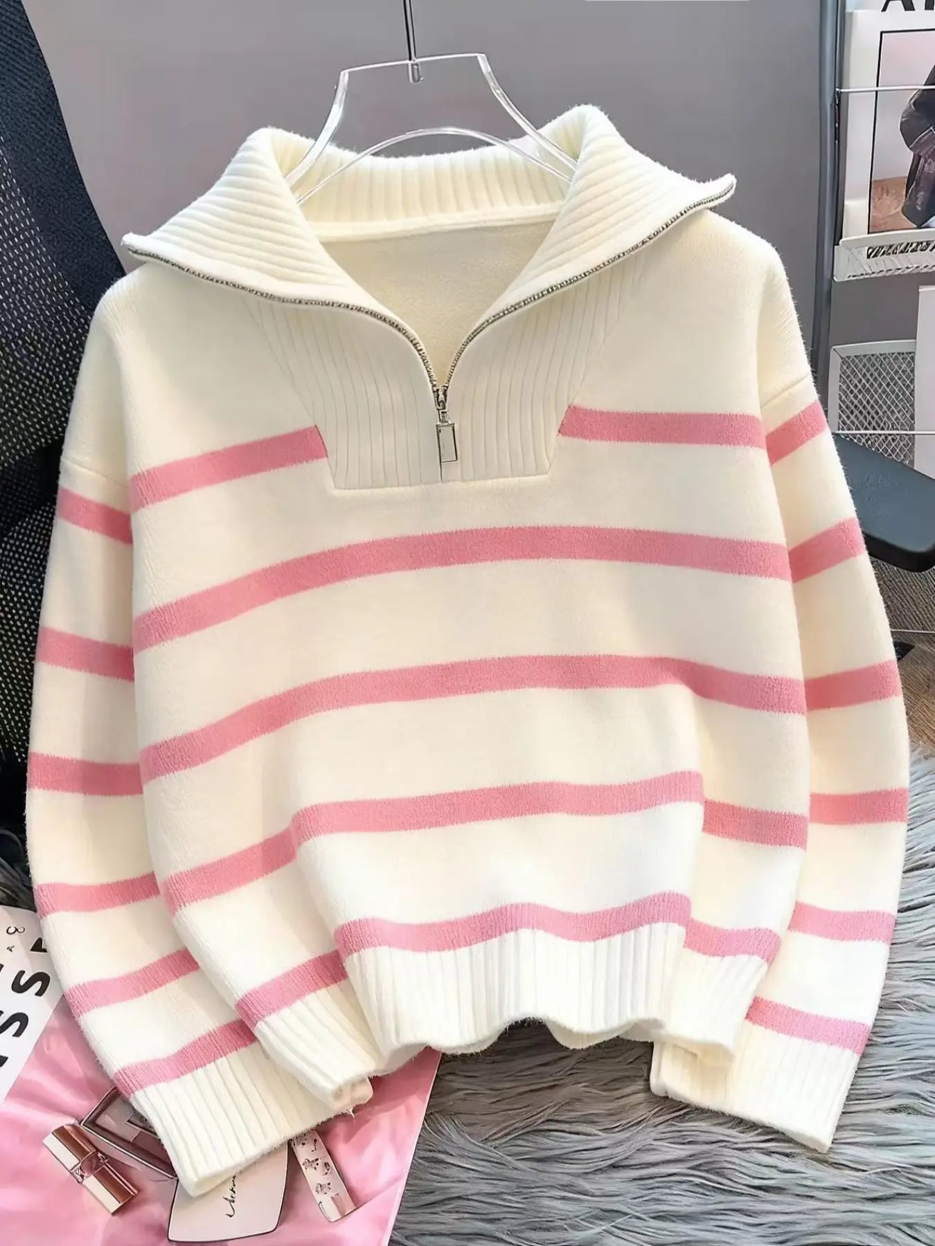 Women'S Fashion Striped Print Zipper Drop Shoulder Sweater, Casual Long Sleeve Collared Jumper for Daily Outdoor Wear, Women Knitwear Top for Fall & Winter, National Day Clothing