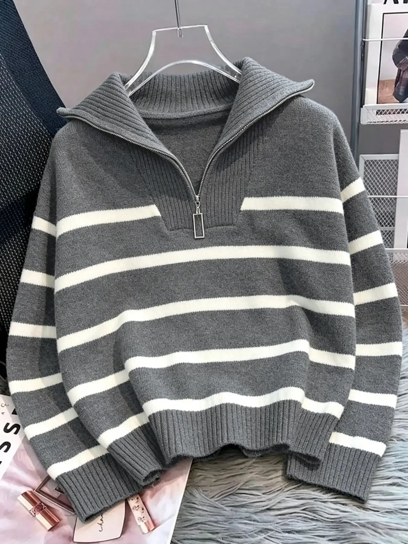 Women'S Fashion Striped Print Zipper Drop Shoulder Sweater, Casual Long Sleeve Collared Jumper for Daily Outdoor Wear, Women Knitwear Top for Fall & Winter, National Day Clothing