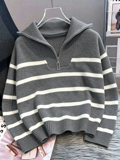 Women'S Fashion Striped Print Zipper Drop Shoulder Sweater, Casual Long Sleeve Collared Jumper for Daily Outdoor Wear, Women Knitwear Top for Fall & Winter, National Day Clothing