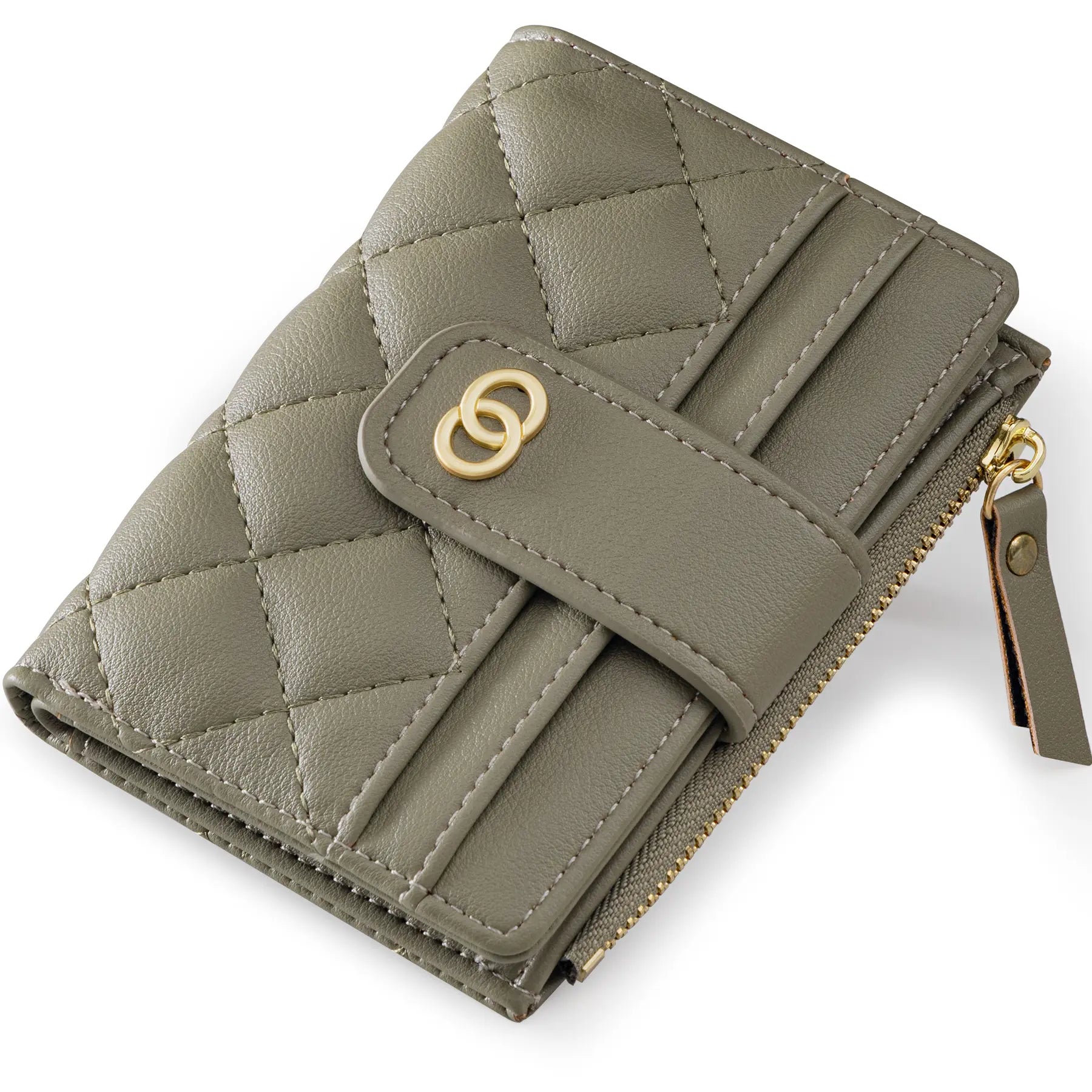 VTLASK Women's Slim Diamond-Quilted Leather Bifold Wallet - Credit Card Holder with ID Window and Zipper Coin Pocket