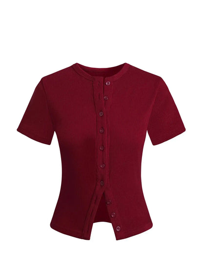 Women'S Short Sleeve round Neck Button Front Ribbed Tee, Button Closure Top, Casual Basic Minimalist Fitted Top for Daily Wear, Ladies Clothes for All Seasons, Womenswear