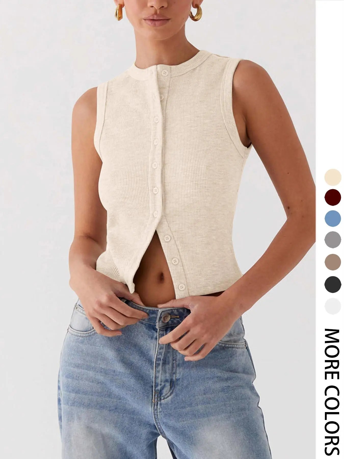 Women'S Plain Button Front Ribbed Tank Top, Casual Sleeveless round Neck Top for Daily Wear, Ladies Clothes for All Seasons