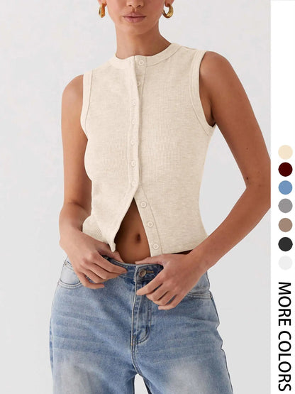Women'S Plain Button Front Ribbed Tank Top, Casual Sleeveless round Neck Top for Daily Wear, Ladies Clothes for All Seasons