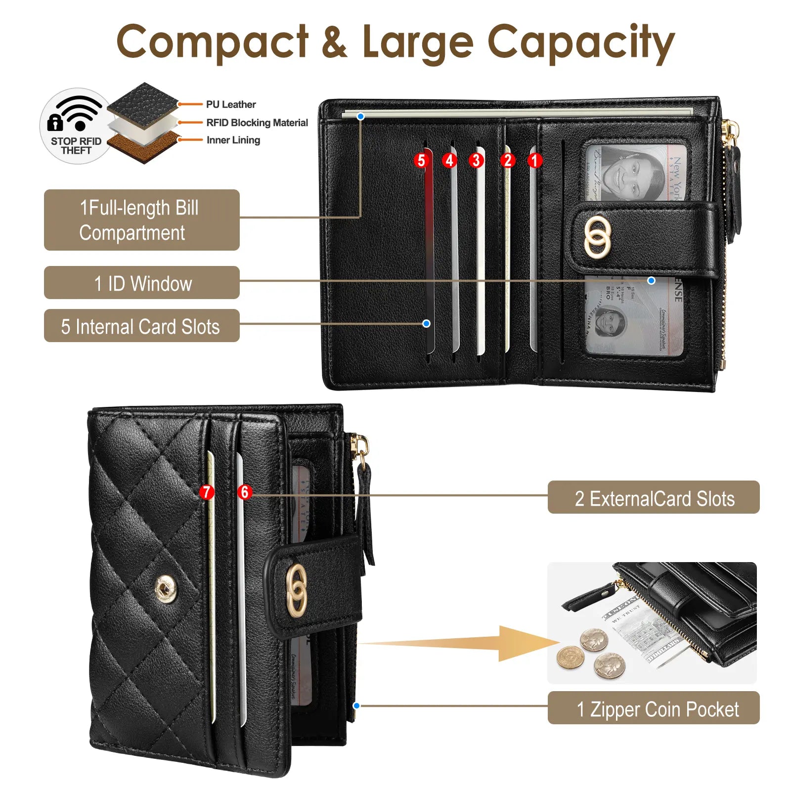 VTLASK Women's Slim Diamond-Quilted Leather Bifold Wallet - Credit Card Holder with ID Window and Zipper Coin Pocket
