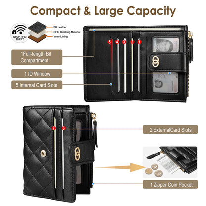 VTLASK Women's Slim Diamond-Quilted Leather Bifold Wallet - Credit Card Holder with ID Window and Zipper Coin Pocket
