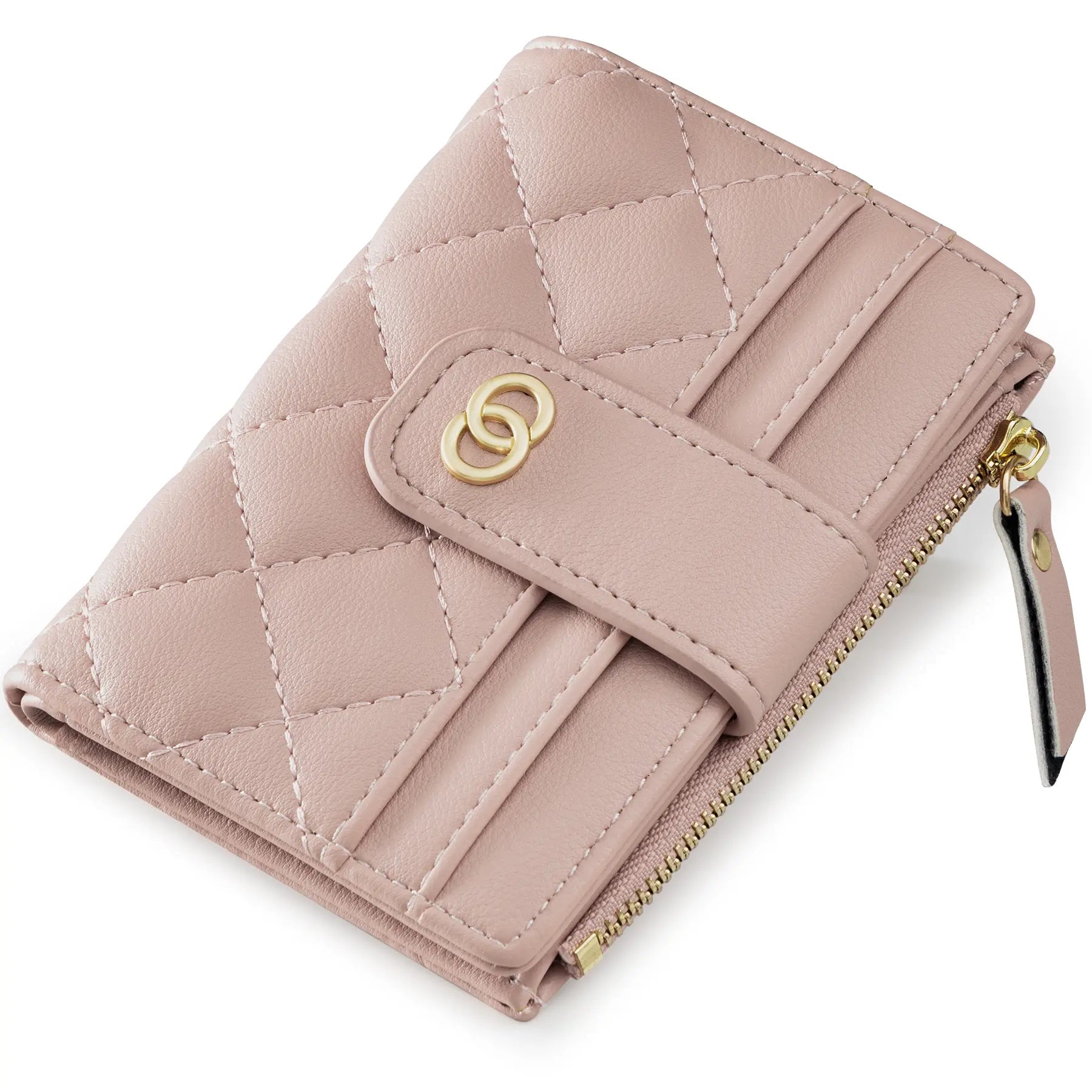 VTLASK Women's Slim Diamond-Quilted Leather Bifold Wallet - Credit Card Holder with ID Window and Zipper Coin Pocket