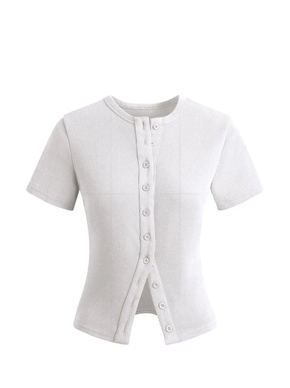 Women'S Short Sleeve round Neck Button Front Ribbed Tee, Button Closure Top, Casual Basic Minimalist Fitted Top for Daily Wear, Ladies Clothes for All Seasons, Womenswear