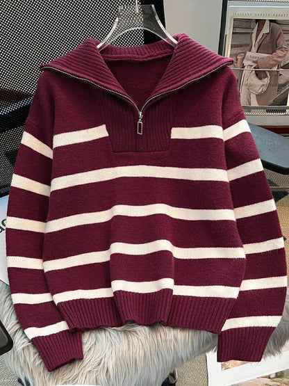 Women'S Fashion Striped Print Zipper Drop Shoulder Sweater, Casual Long Sleeve Collared Jumper for Daily Outdoor Wear, Women Knitwear Top for Fall & Winter, National Day Clothing