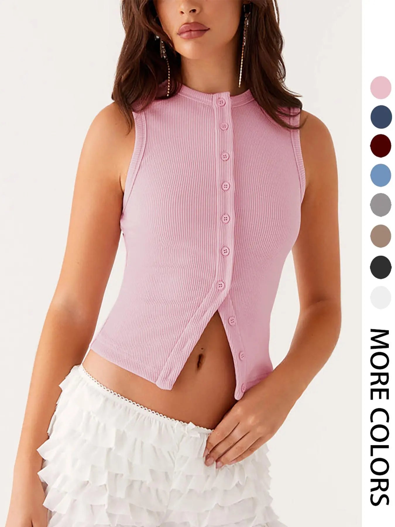 Women'S Plain Button Front Ribbed Tank Top, Casual Sleeveless round Neck Top for Daily Wear, Ladies Clothes for All Seasons