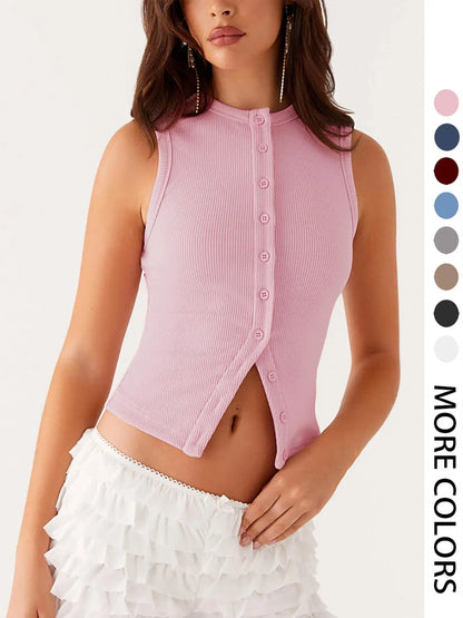 Women'S Plain Button Front Ribbed Tank Top, Casual Sleeveless round Neck Top for Daily Wear, Ladies Clothes for All Seasons